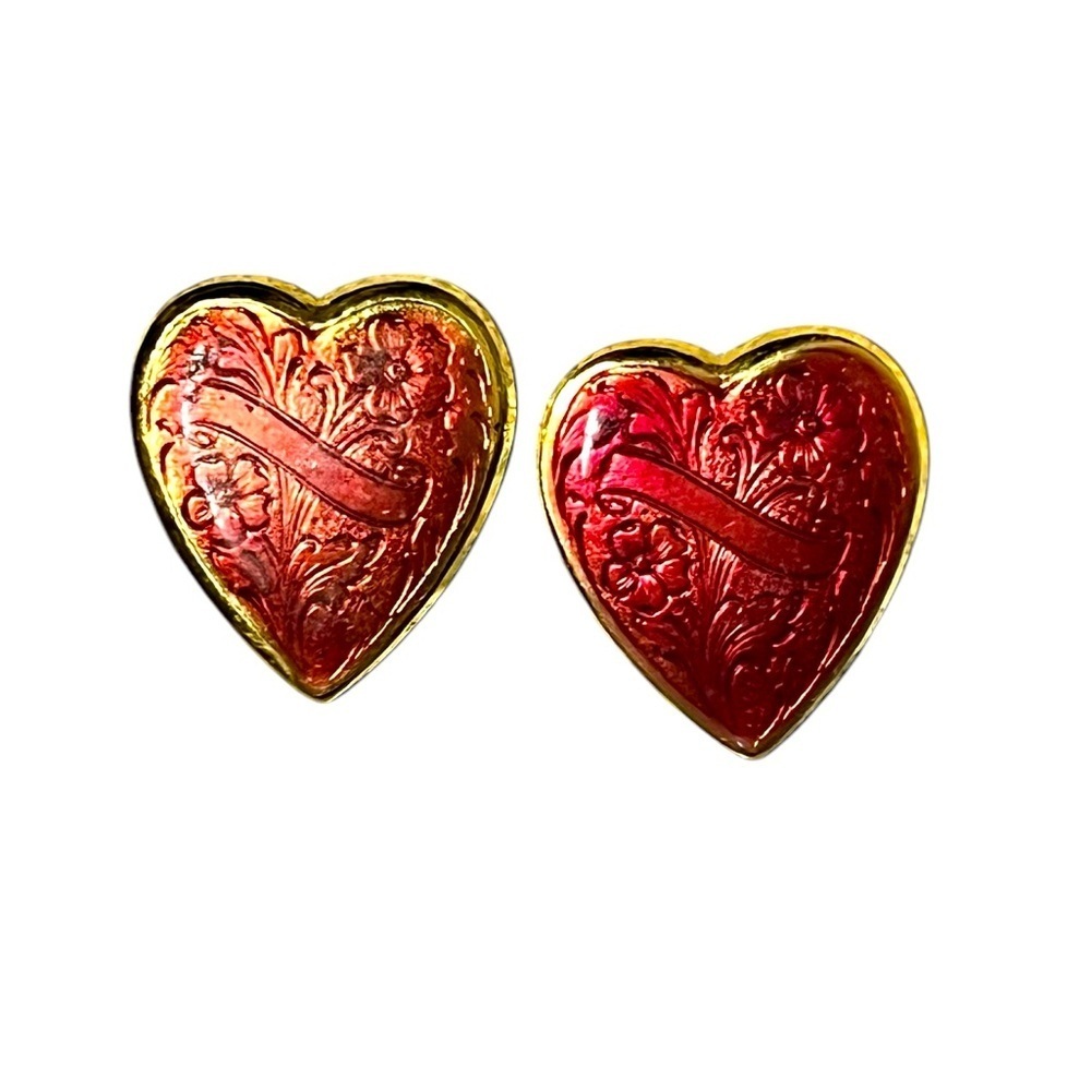 Vintage Heart Shaped Enamel Earrings With Engraving Red/Gold